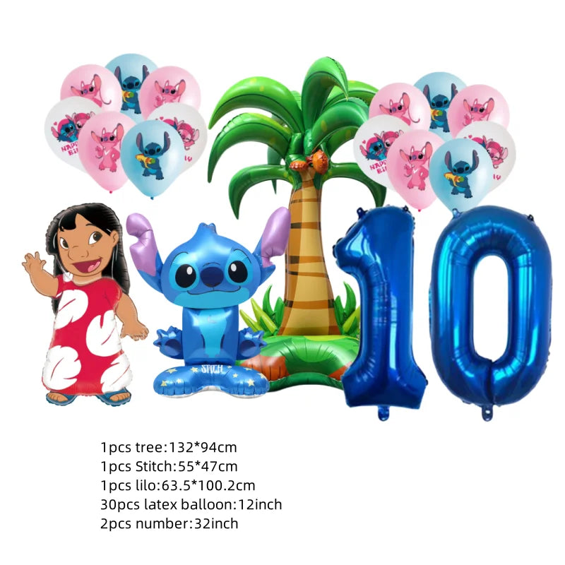 Birthday party decorations with cartoon characters, balloons, and a palm tree on a white background.