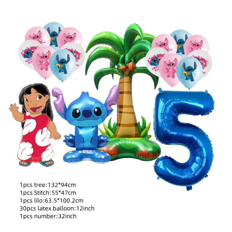 Set of party balloons featuring cartoon characters with a palm tree and number 5.