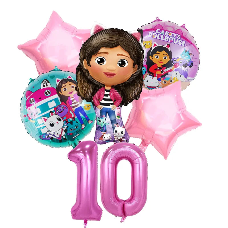 Set of balloons featuring a character from 'Gabby's Dollhouse' with a number 10 balloon on a white background.