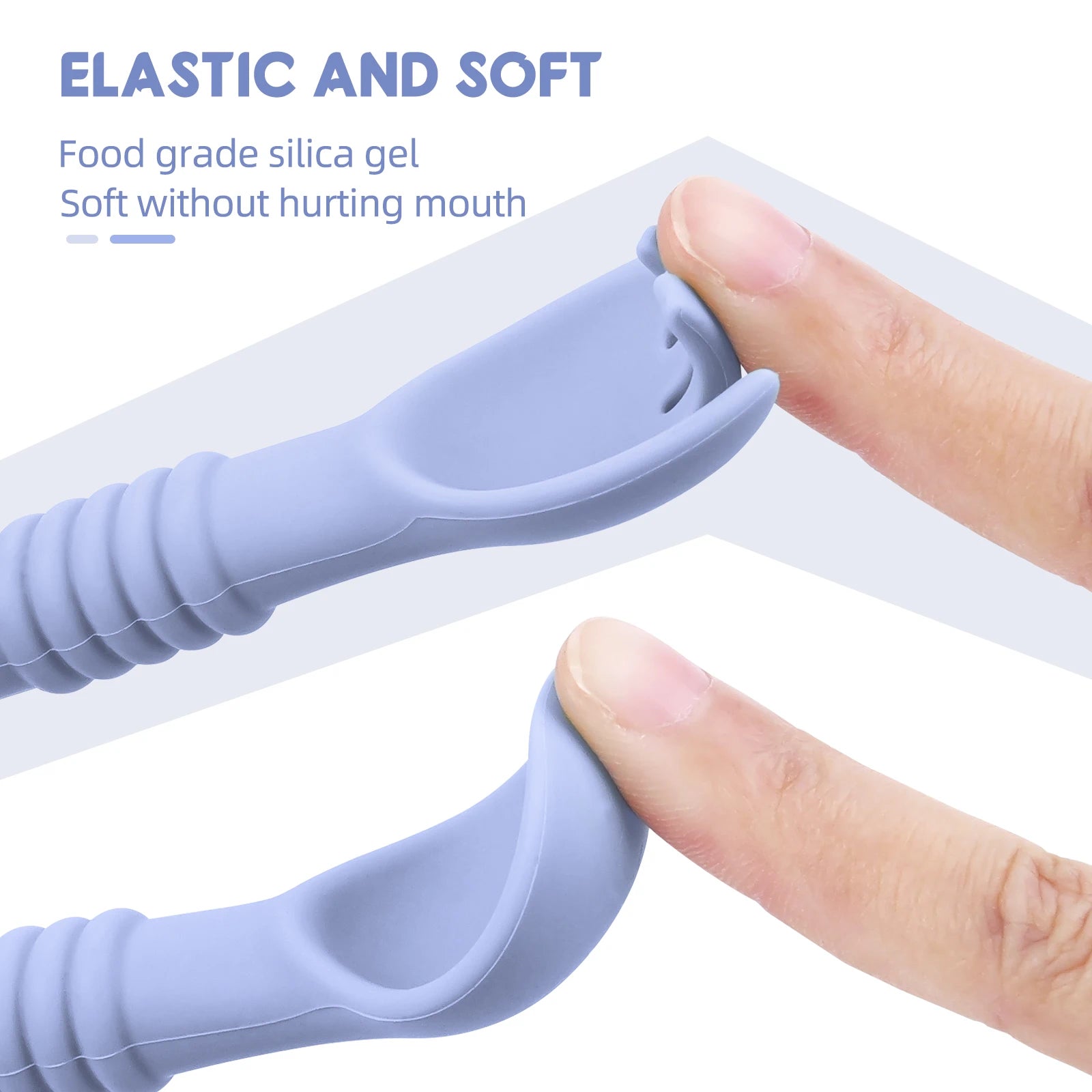 Silicone gel product being stretched with text indicating food-grade material and softness.