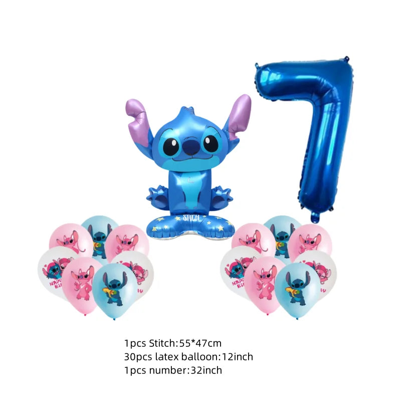 Stitch-themed balloons including a large number '7' and smaller character balloons on a white background.