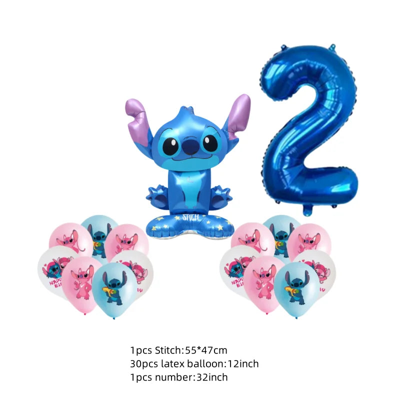 Stitch balloon and number 2 balloon with heart-shaped balloons on a white background