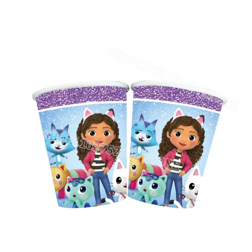Two paper cups with a character and animal design on a white background