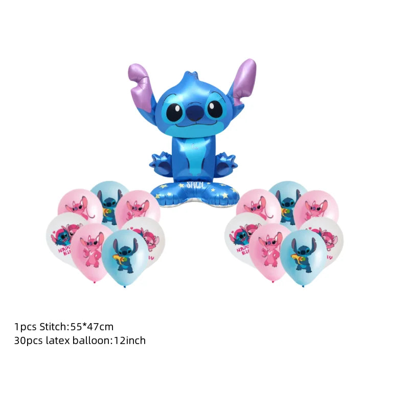 Stitch inflatable toy with balloons on a white background