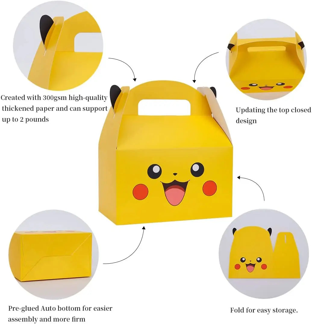 Yellow Pikachu-themed cardboard box with features highlighted on a white background