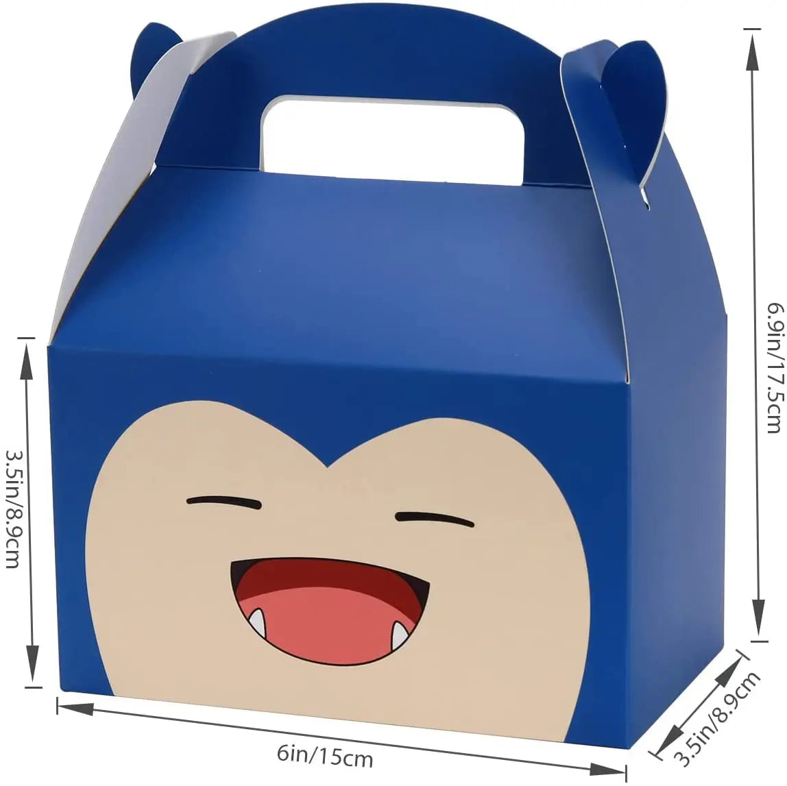 Blue box with a cartoon face design and dimensions indicated