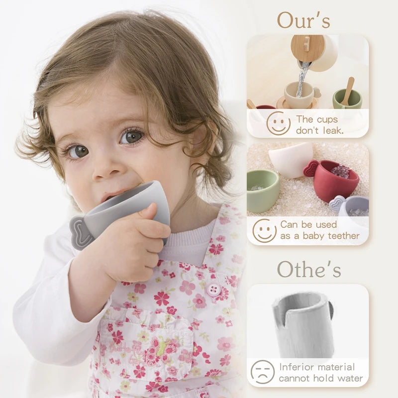 Child holding a gray cup with product comparison on the right