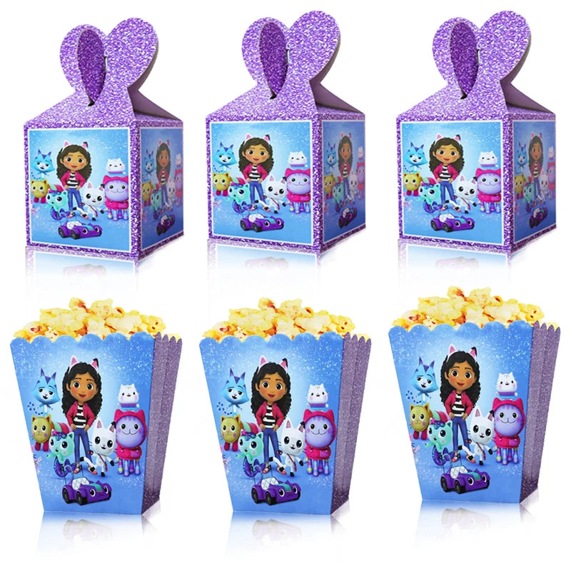 Set of popcorn boxes and treat bags with cartoon character design on a white background