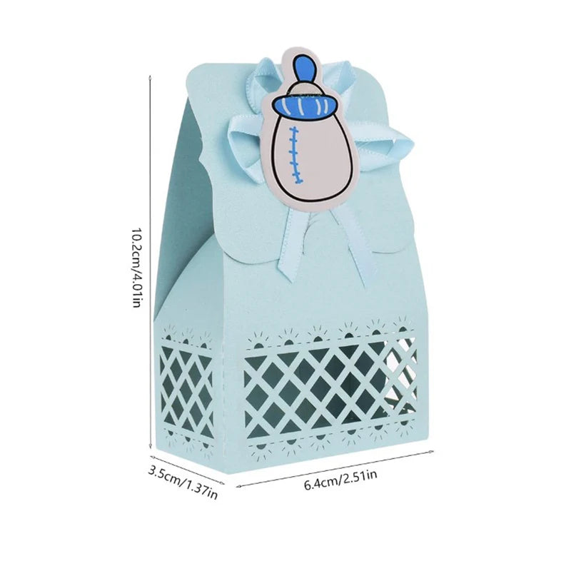 Blue baby shower favor box with a bottle design on a white background