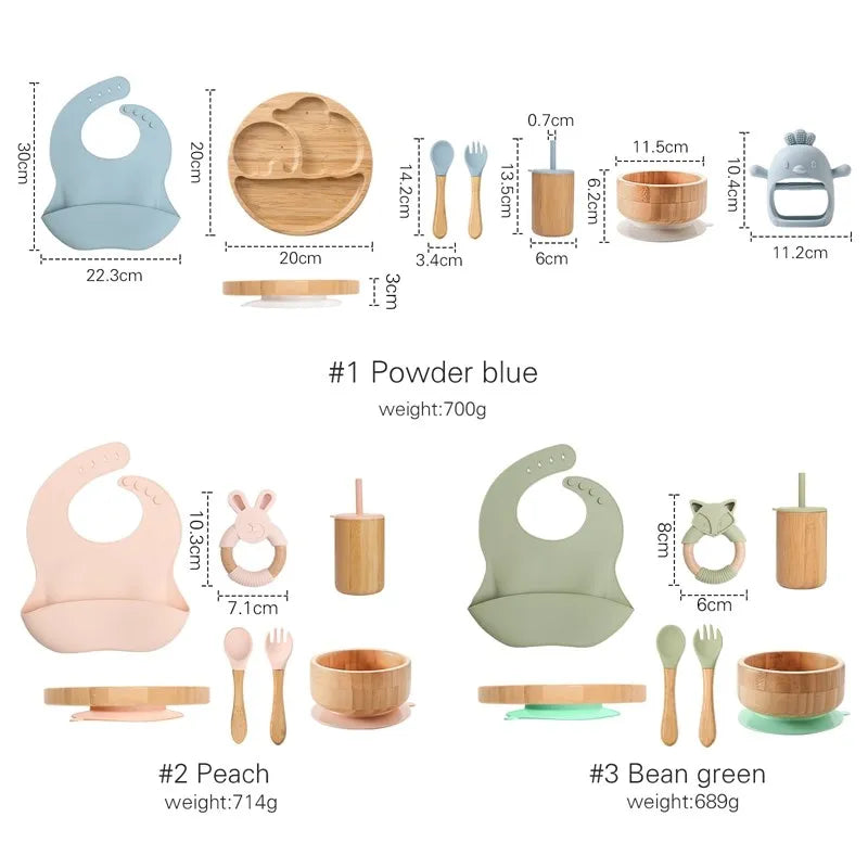 Baby feeding utensils with measurements and color options on a white background