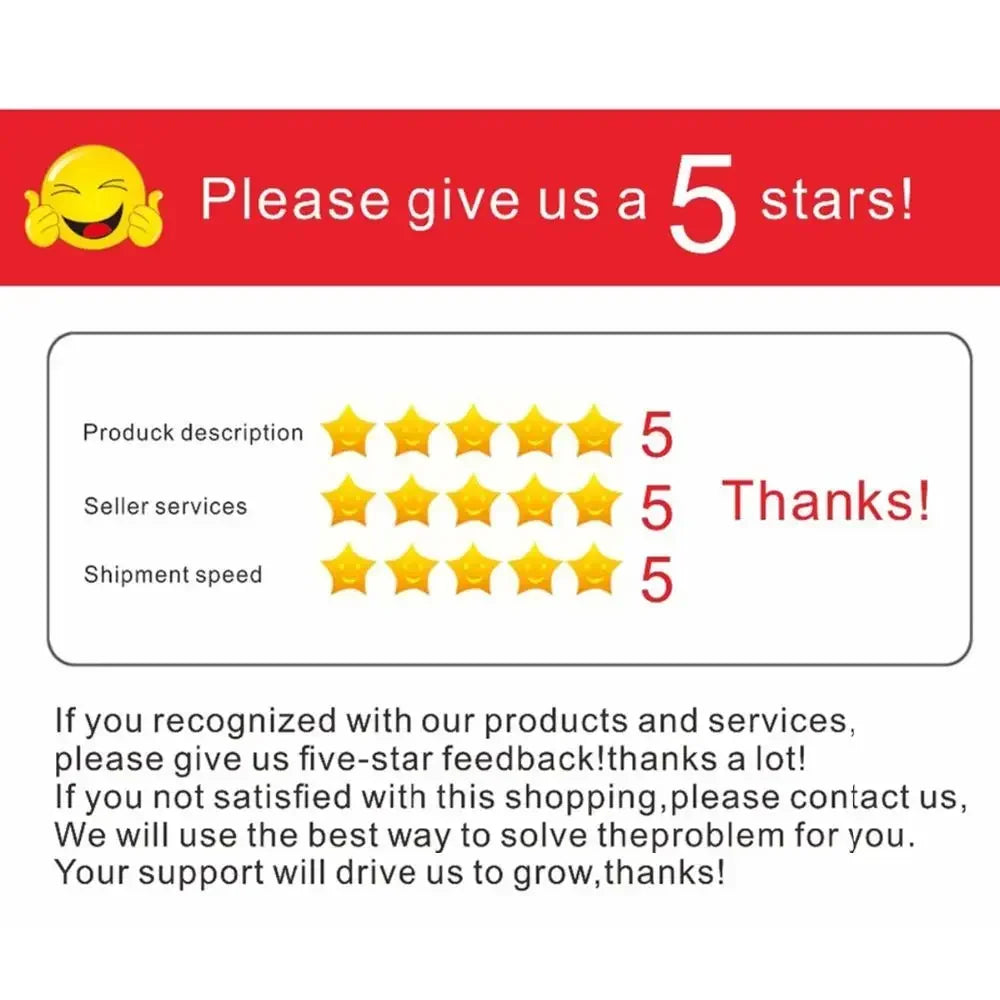 Five-star rating request with a red background and yellow stars.