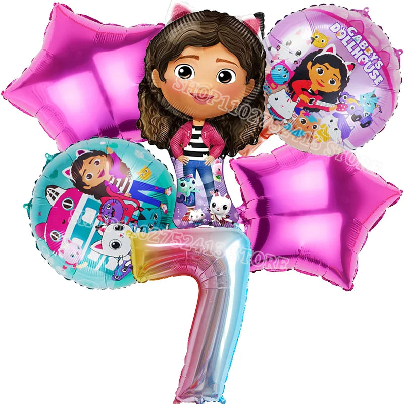 Set of Dora the Explorer-themed balloons with a number 7 balloon on a white background