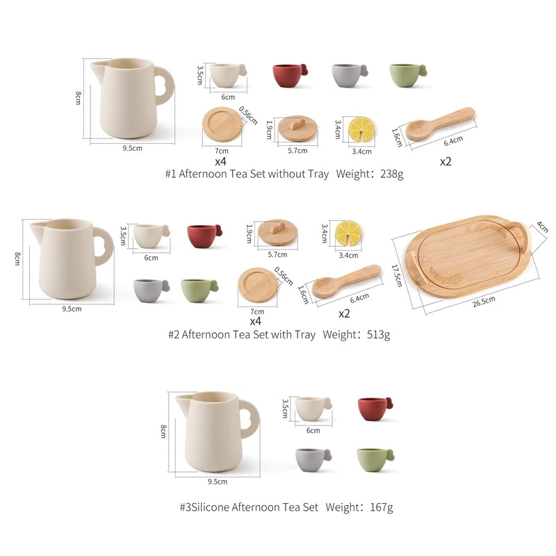 Afternoon tea set with dimensions and weight information on a white background