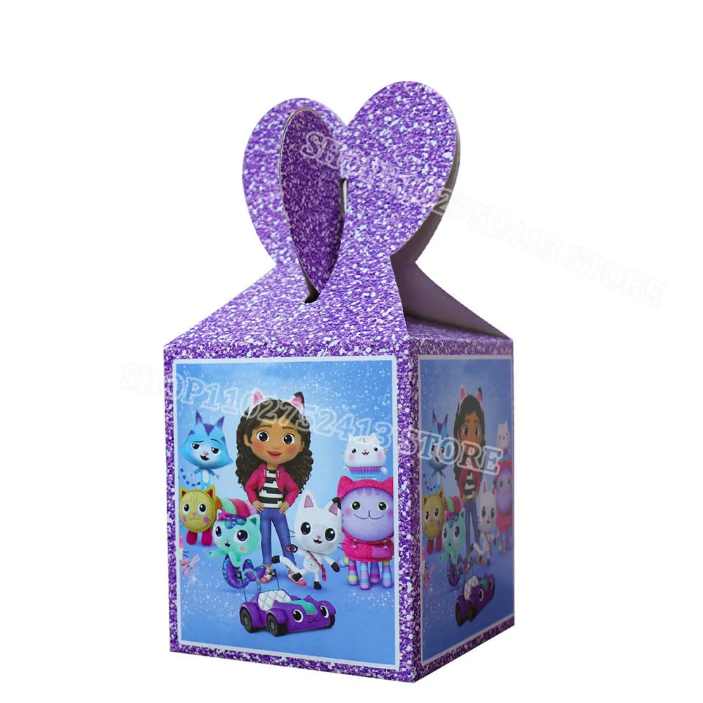 Purple glittery toy box with cartoon characters on a white background