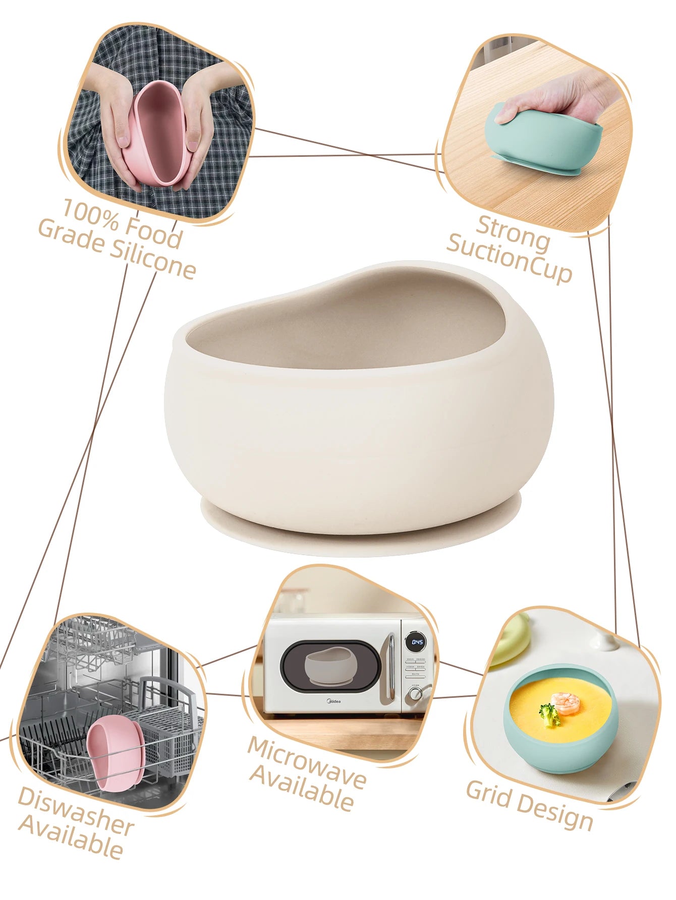 Silicone bowl with features highlighted on a white background