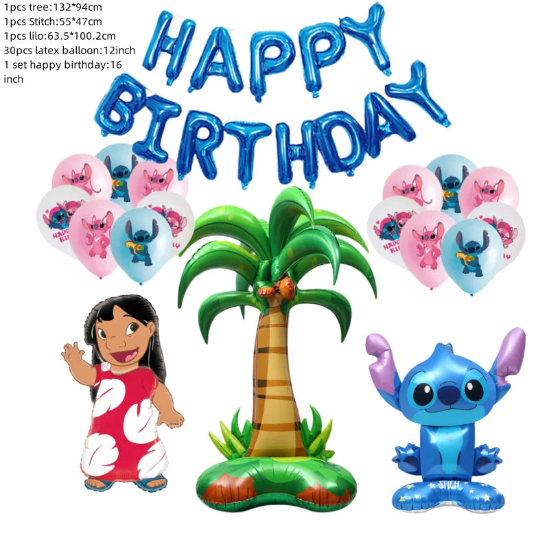 Birthday-themed set with Dora, a palm tree, and Stitch figures on a white background.