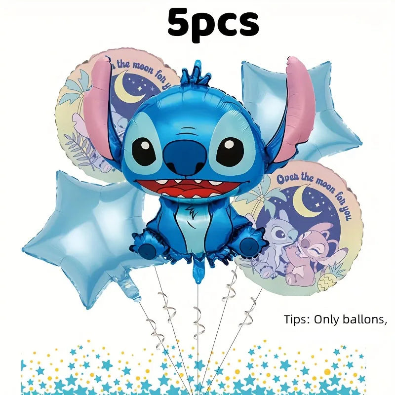 Set of five cartoon-themed balloons featuring a blue character, with decorative elements and text on a white background.