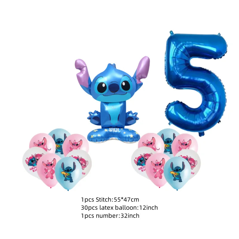 Stitch-themed balloons including a character balloon, number balloon, and heart-shaped balloons on a white background.