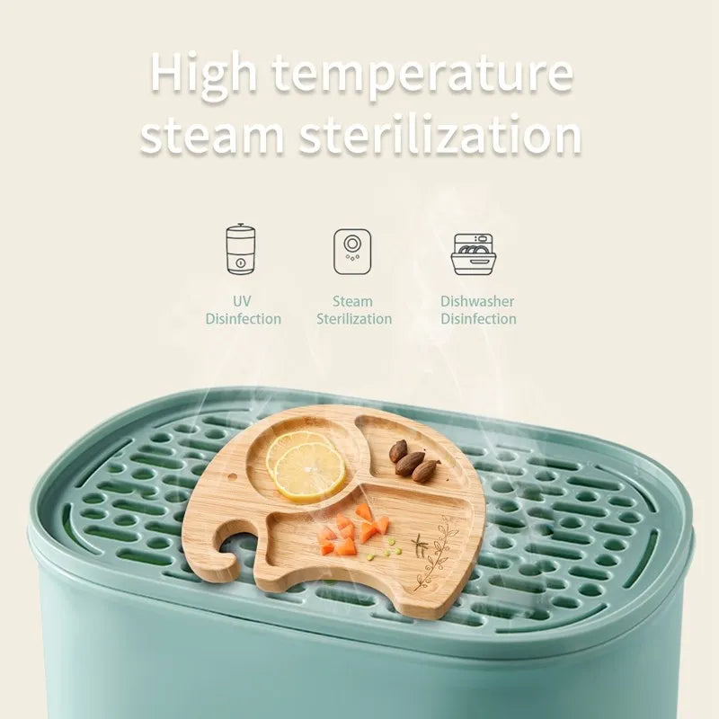 Teal sterilizer with a wooden tray on top, featuring text about high temperature steam sterilization.