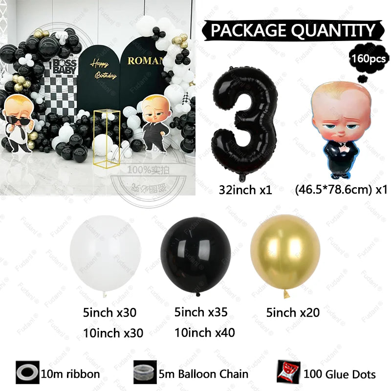 Collection of party decorations including balloons, ribbons, and a number three foil balloon on a white background.