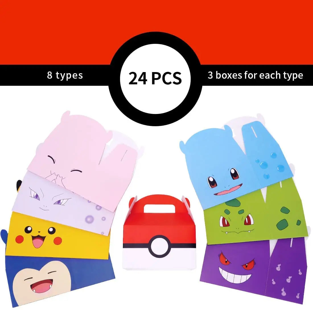 Set of 24 colorful boxes with cartoon characters on a white background