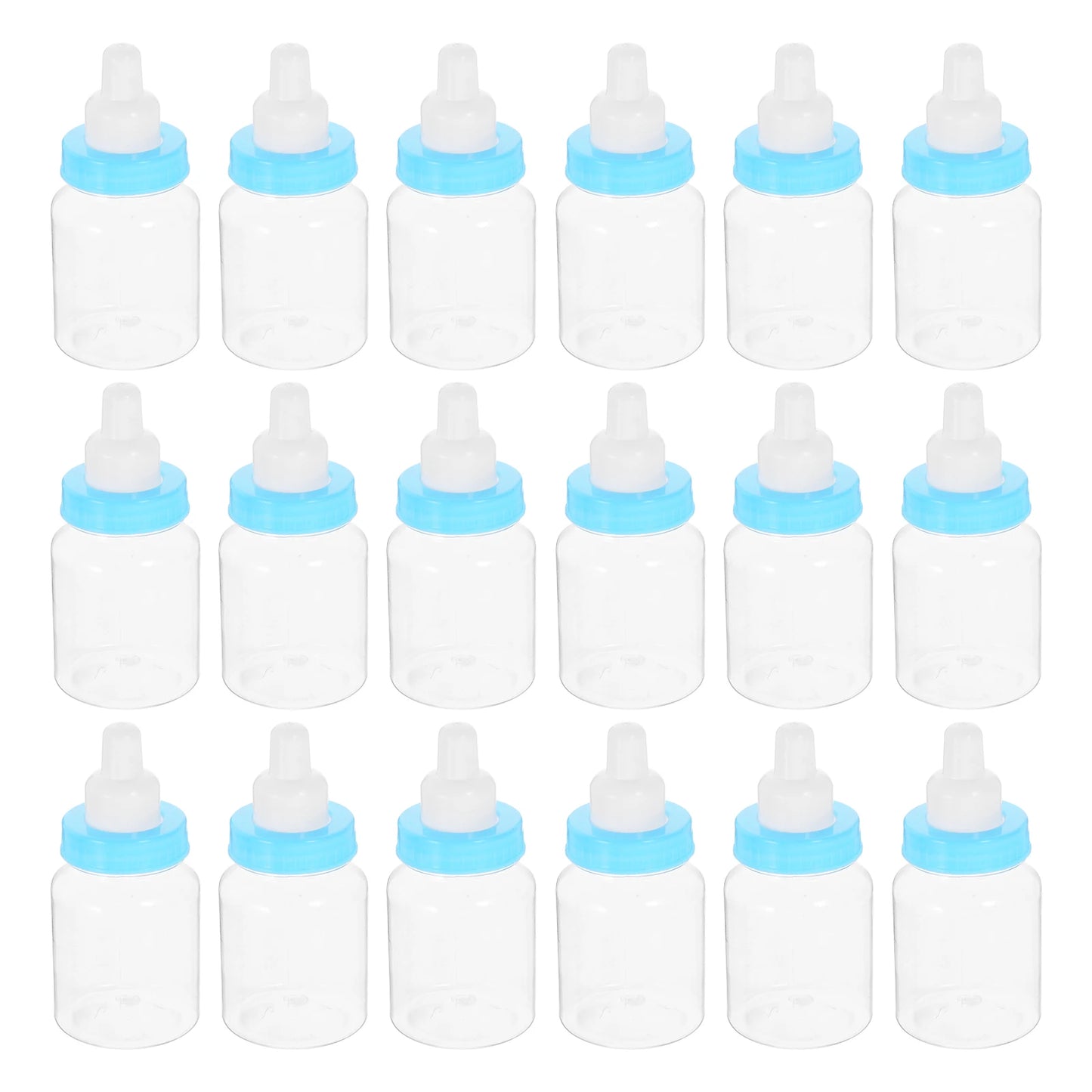 Set of clear bottles with blue caps on a white background
