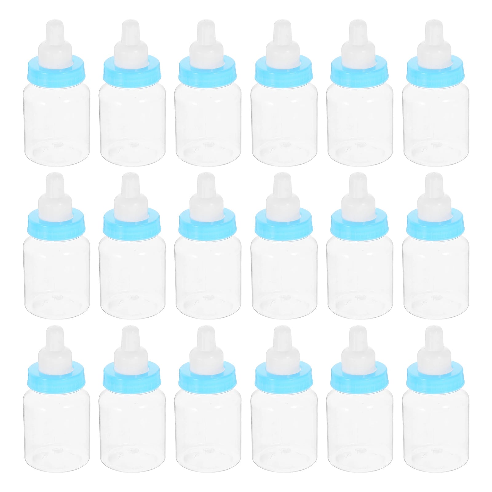 Set of clear bottles with blue caps on a white background