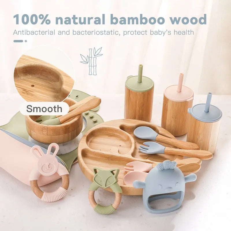 Bamboo baby utensils and toys with text highlighting natural wood properties.
