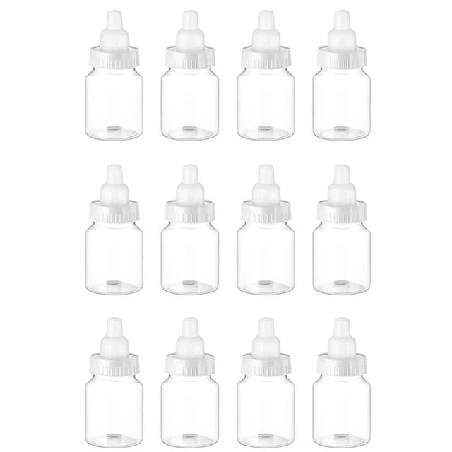 Set of 12 clear dropper bottles with white caps on a white background
