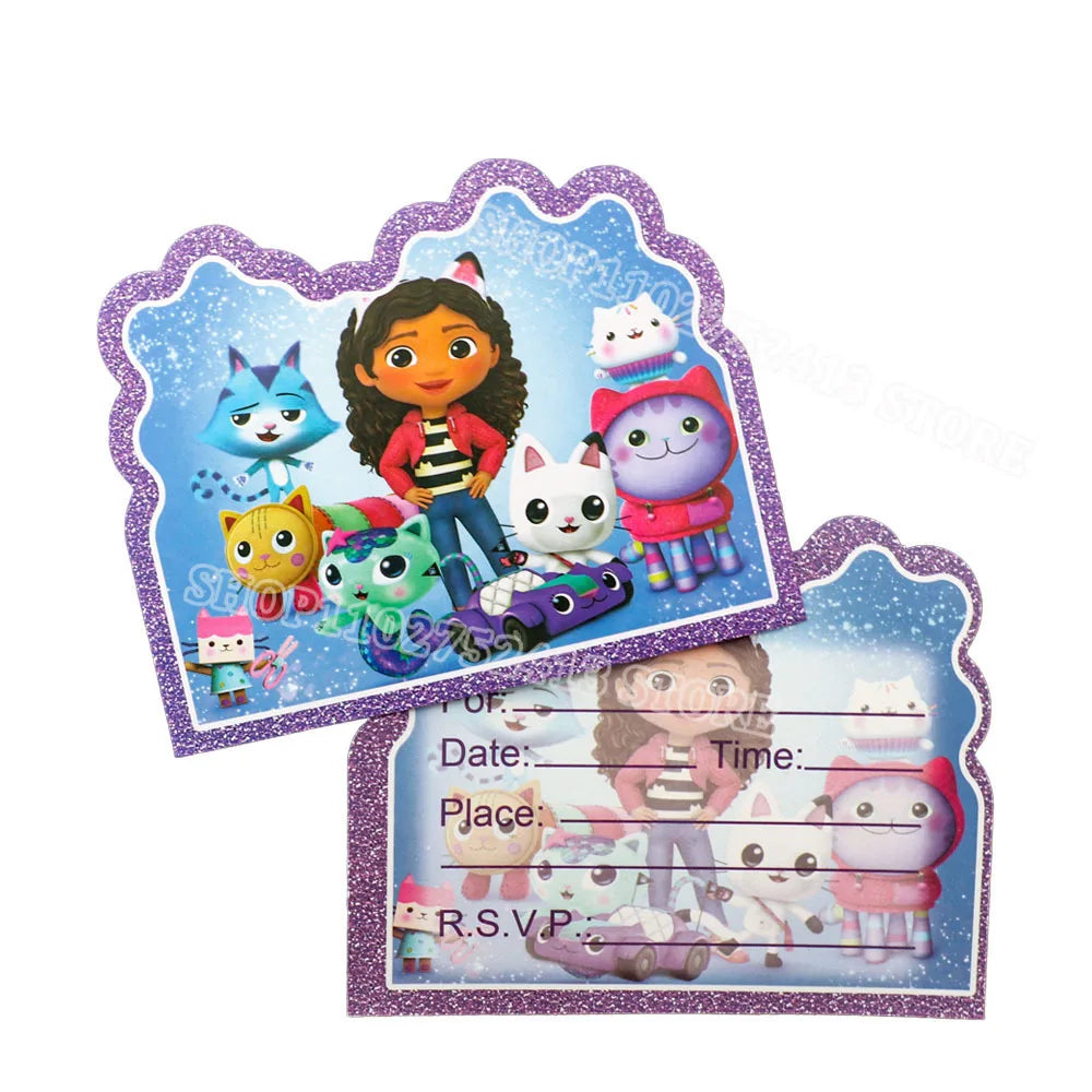 Children's birthday party invitation with cartoon characters on a white background
