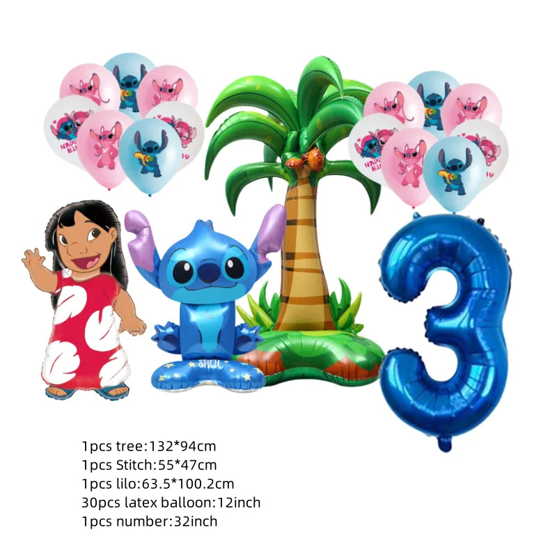 Birthday party decorations with cartoon characters, balloons, and a palm tree on a white background.