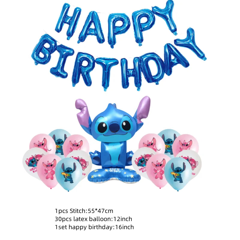 Stitch balloon with 'Happy Birthday' text and balloons on a white background