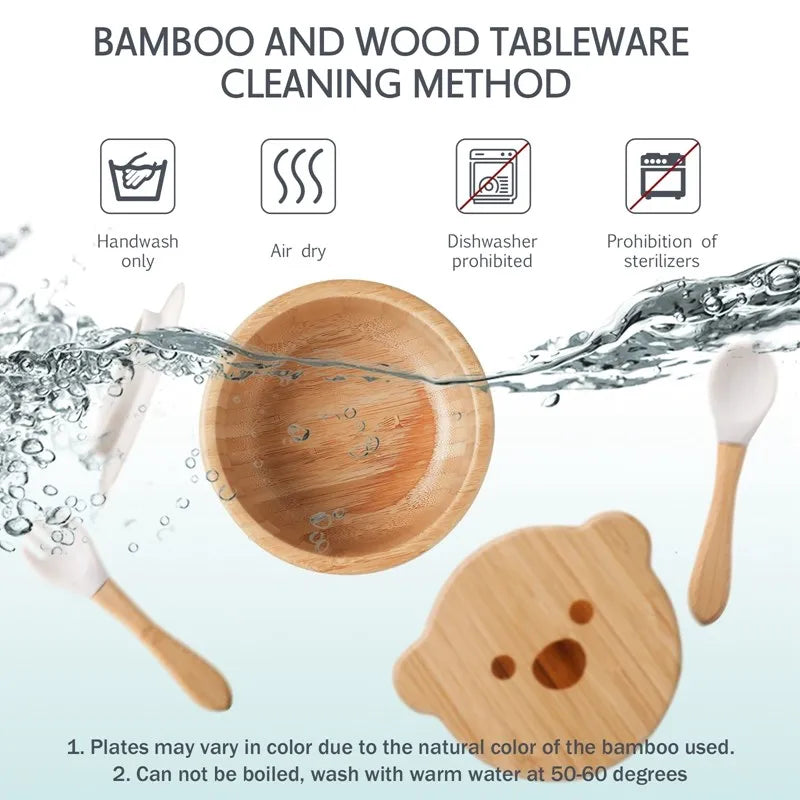 Bamboo and wood tableware cleaning method with icons and text on a light blue background.