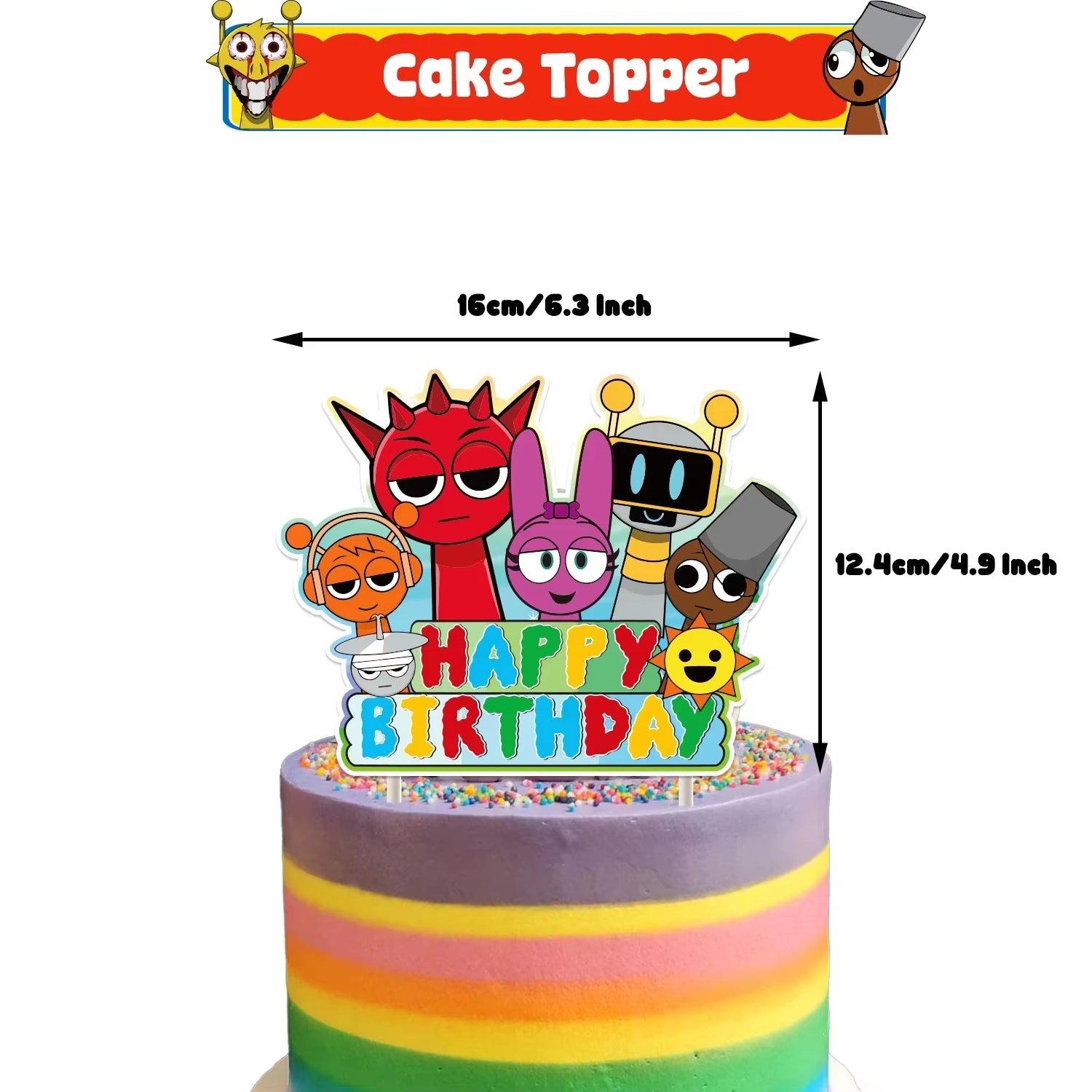 Colorful cake topper with cartoon characters on a rainbow cake, showing measurements.