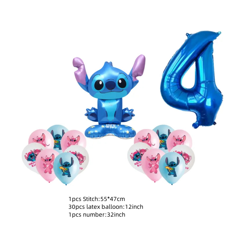 Stitch-themed balloons including a character balloon, number balloon, and heart-shaped balloons on a white background.