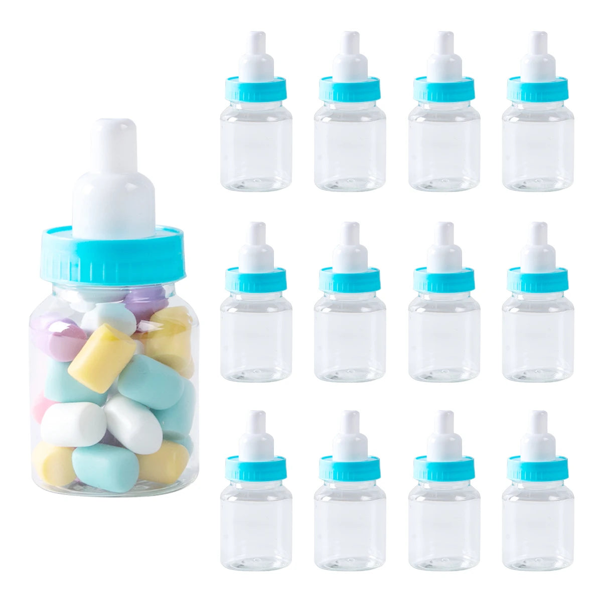 Clear bottles with blue caps and colorful candies on a white background