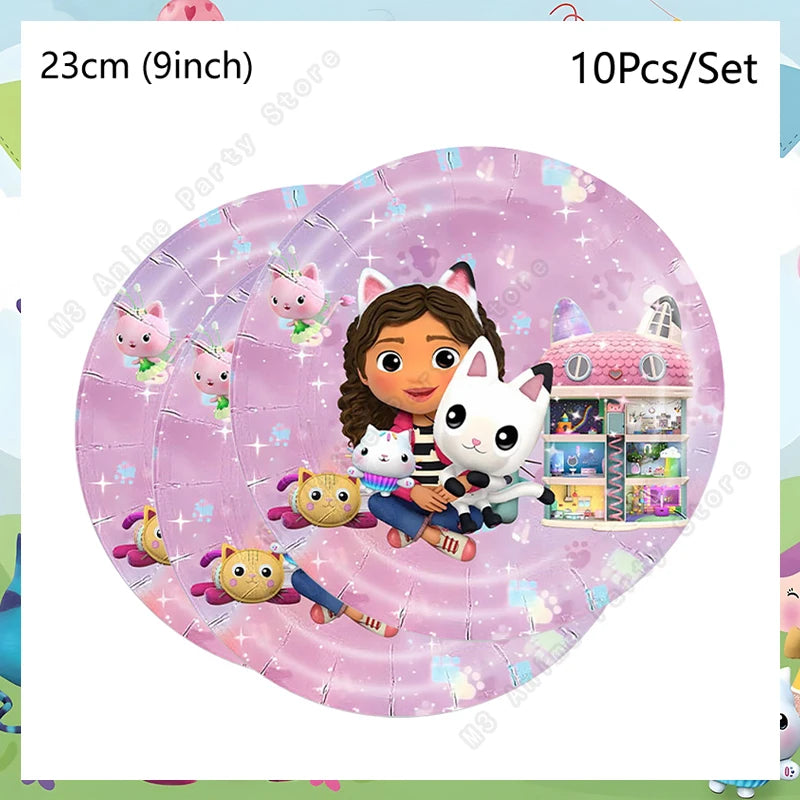 Round pink plate with cartoon character and animals on a white background