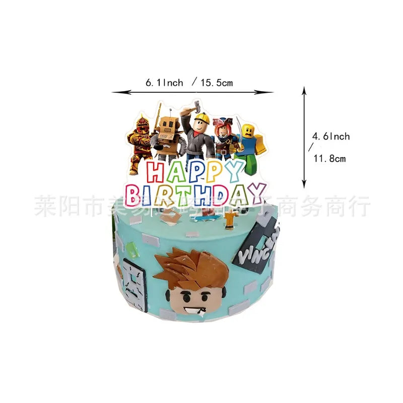 Cake topper with character figures and 'Happy Birthday' text, with measurements on a white background