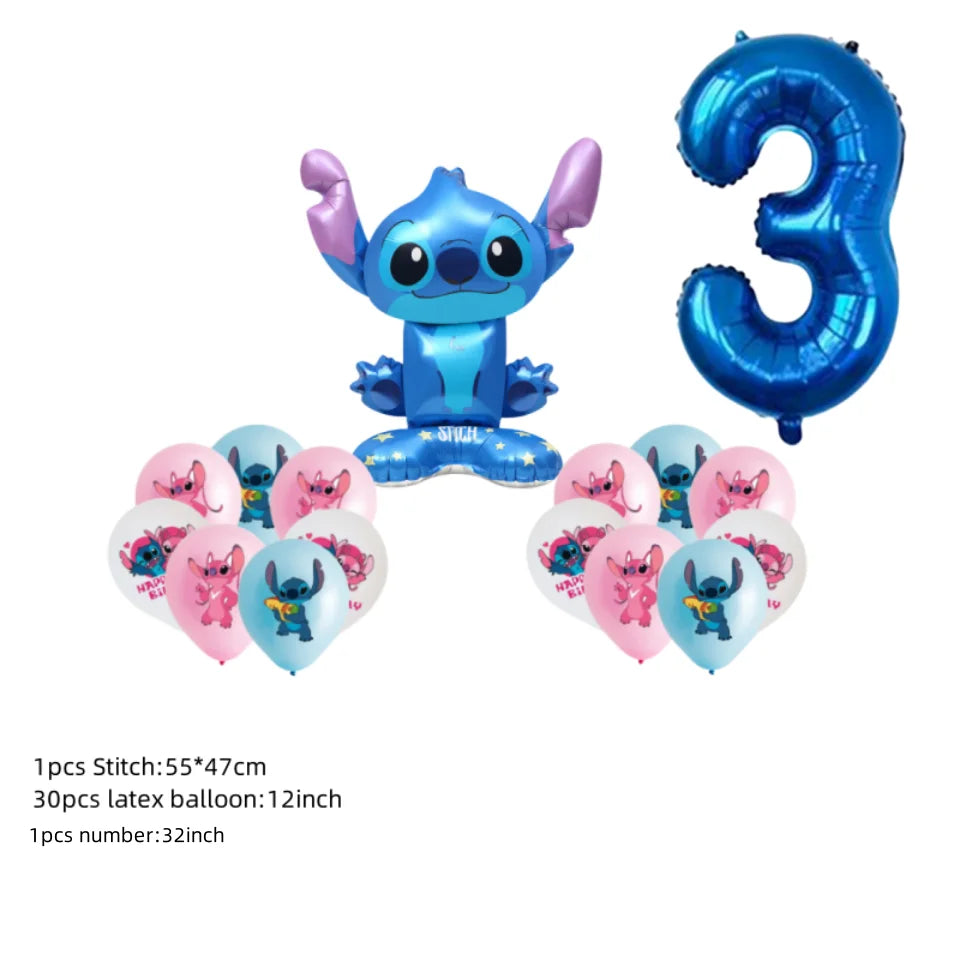 Stitch-themed balloons including a large number '3' and smaller heart-shaped balloons on a white background.