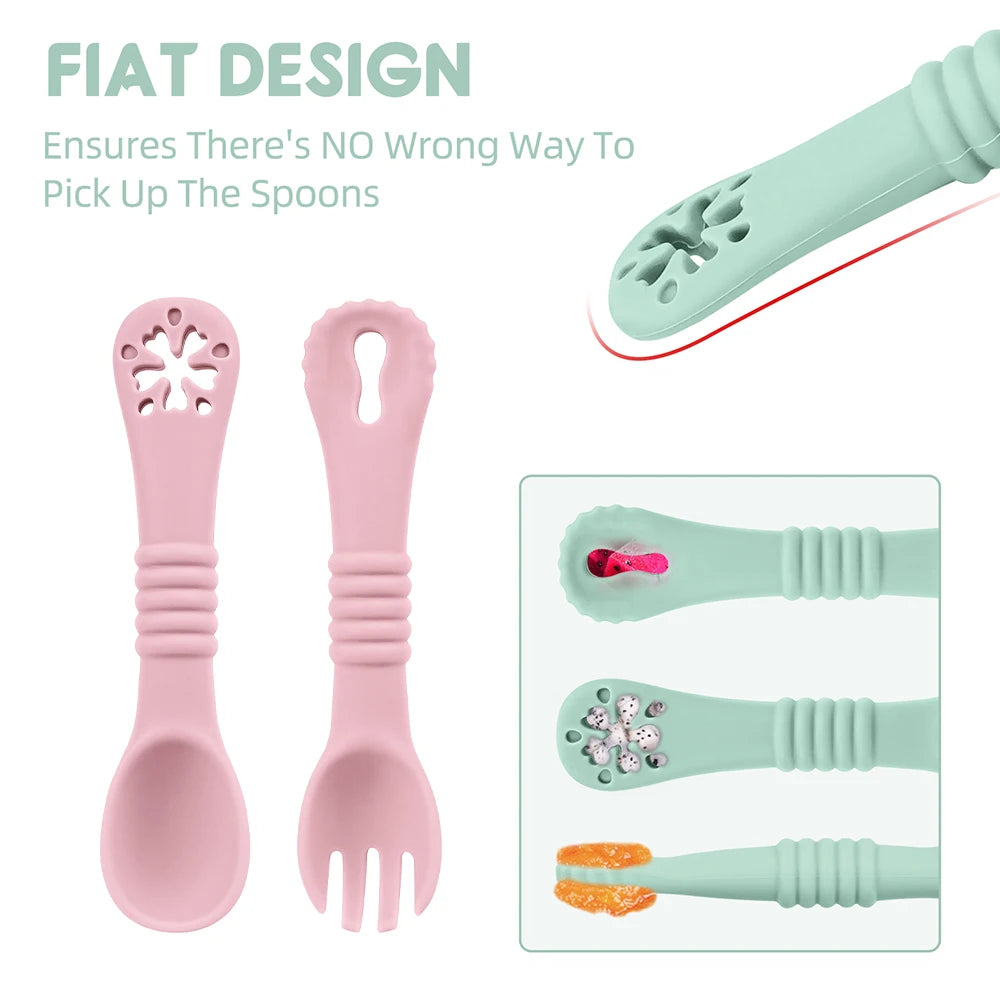 Pink spoon and fork set with ergonomic design on a white background