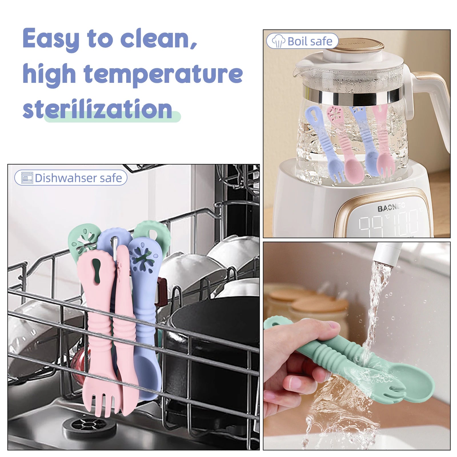 Collage of a sterilizer with utensils, dishwasher safe feature, and boiling safety.