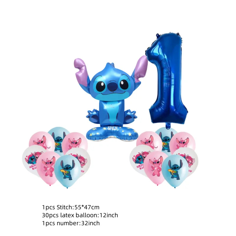Stitch-themed balloons with a number '1' balloon on a white background