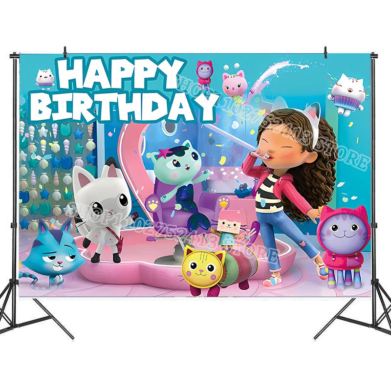 Birthday banner with cartoon characters and 'Happy Birthday' text