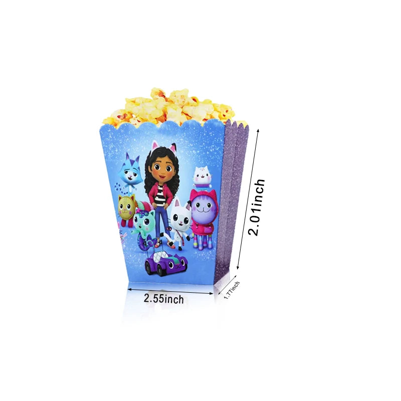 Popcorn box with cartoon characters and measurements on a white background