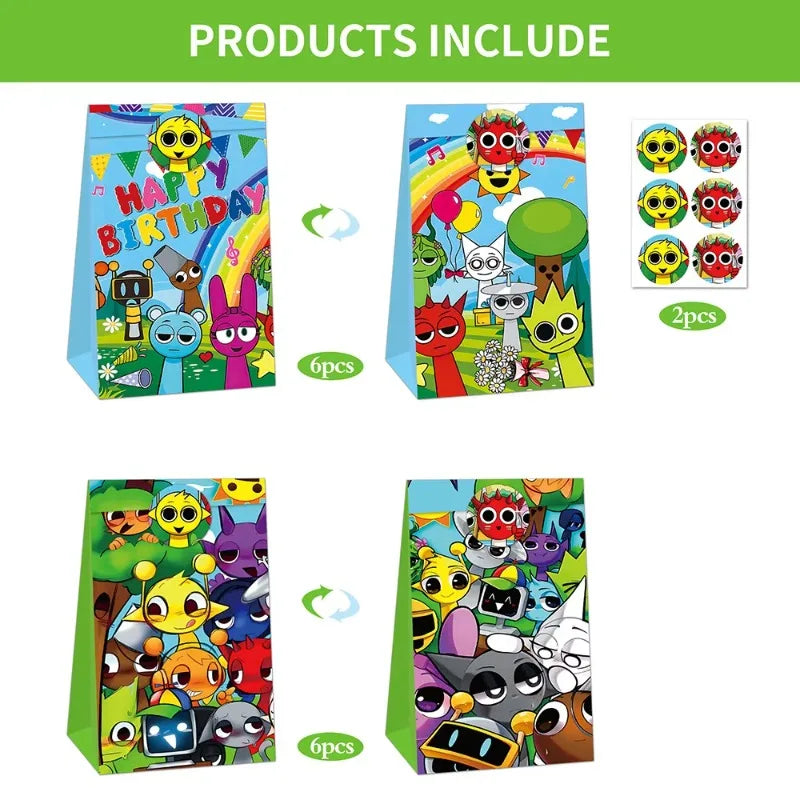 Colorful birthday party bags with cartoon characters and accessories on a white background.