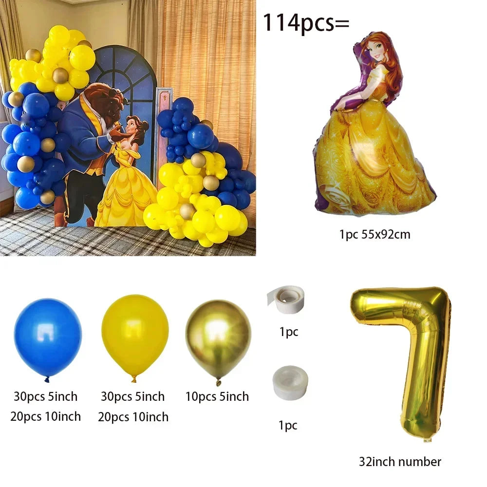 Collection of balloons and decorative items including a 'Beauty and the Beast' theme.