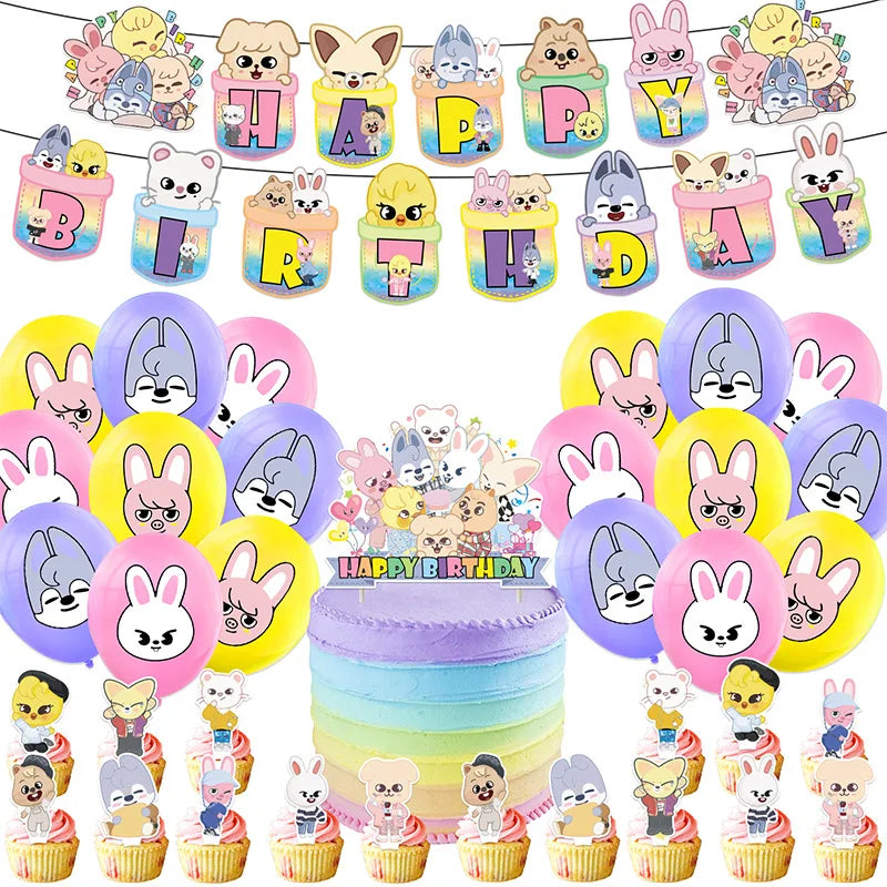 Colorful SKZ OOed birthday banner, 18 balloons, and cupcake toppers featuring cute animal designs by Nestacular.