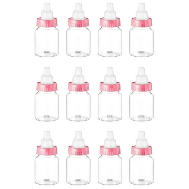 Clear bottles with pink caps on a white background
