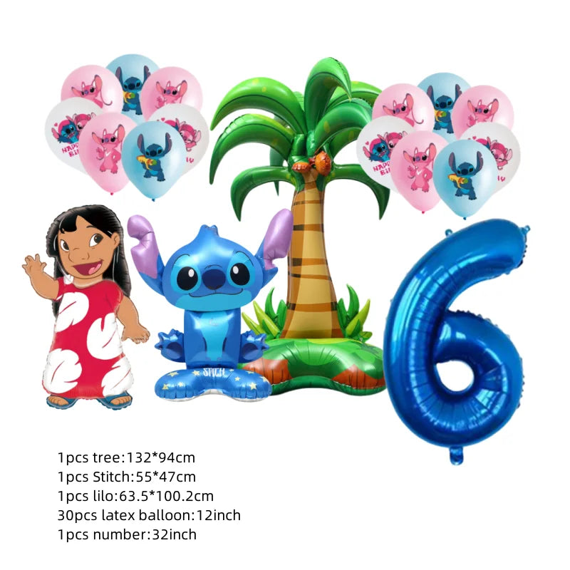 Birthday party decorations with cartoon character balloons, tree, and number 6 on a white background.