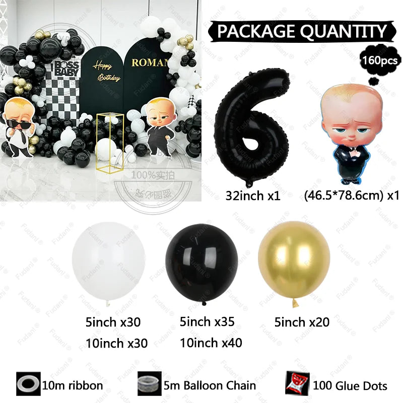 Collection of party decorations including balloons, ribbons, and a toy figure on a white background.